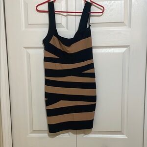 Stylish Black and Tan Striped Vintage BEBE Dress circa 2004 Size M/L